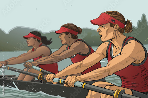 Rowers intensely focused mid-race, showing sweat and determination.