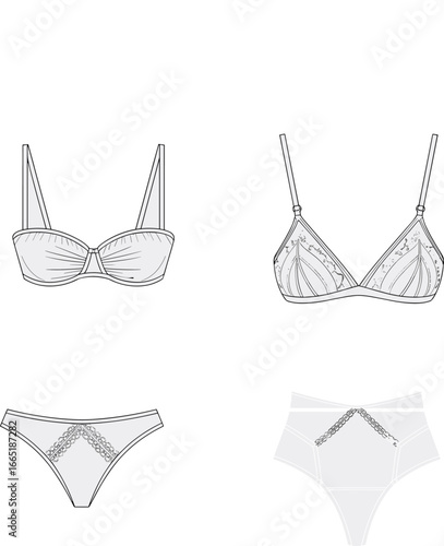 Vector flat sketch of women’s lingerie set with lace bra and panties, designed for fashion illustration, sewing, and garment production.

Keywords (45 total, SEO-o