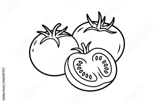Tomato Outline Illustration with Whole and Half Tomatoes