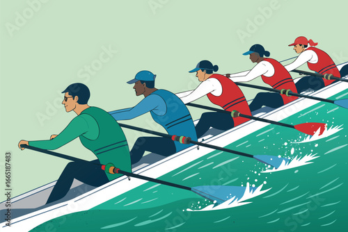 Rowers seen from side profile paddling in synchrony.
