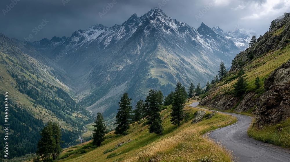 Obraz premium A winding mountain road leads through a lush green valley towards majestic snowcapped peaks under a dramatic cloudy sky