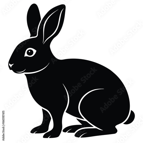 Black silhouette of a rabbit sitting on a white background