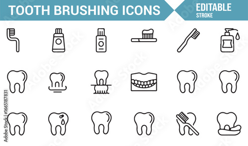 Flat design editable icons representing toothbrush, toothpaste, and dental care.