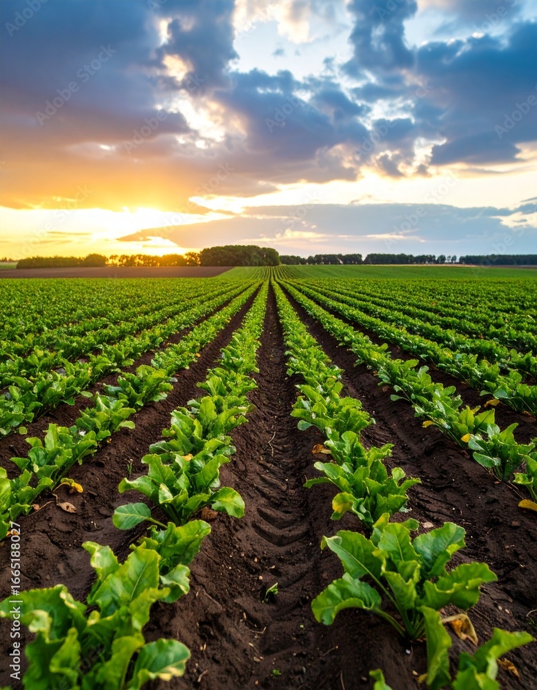 Obraz premium Rows of Sugar Beets at Sunset Under a Dramatic Sky