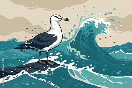 Seabird trapped in oil spill on ocean waves.