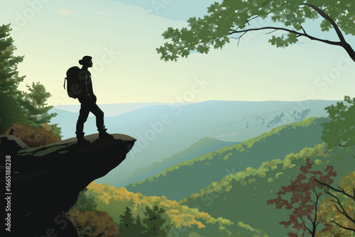 Solo hiker on cliff edge overlooking a valley.