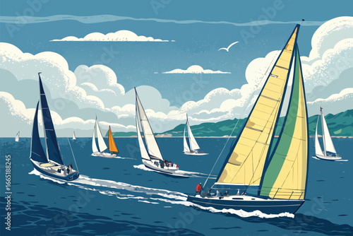 Sailboat regatta competition on open sea, flat illustration.