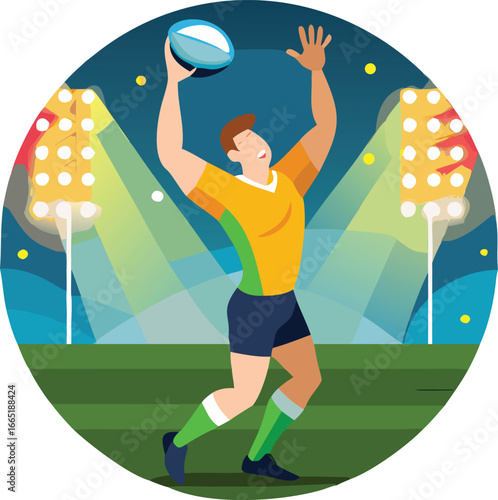 Rugby player catching the ball under stadium lights on a green field in a circular frame