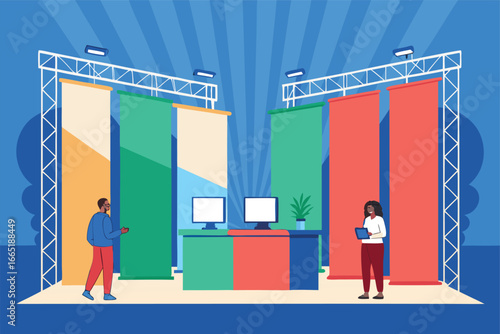 Startup booth at tech expo with banners and screens.