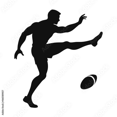 Rugby player kicking the ball silhouette isolated on white background, vector illustration for sport concept