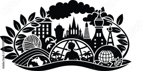 Global cityscape with diverse landmarks and nature elements in a stylized emblem