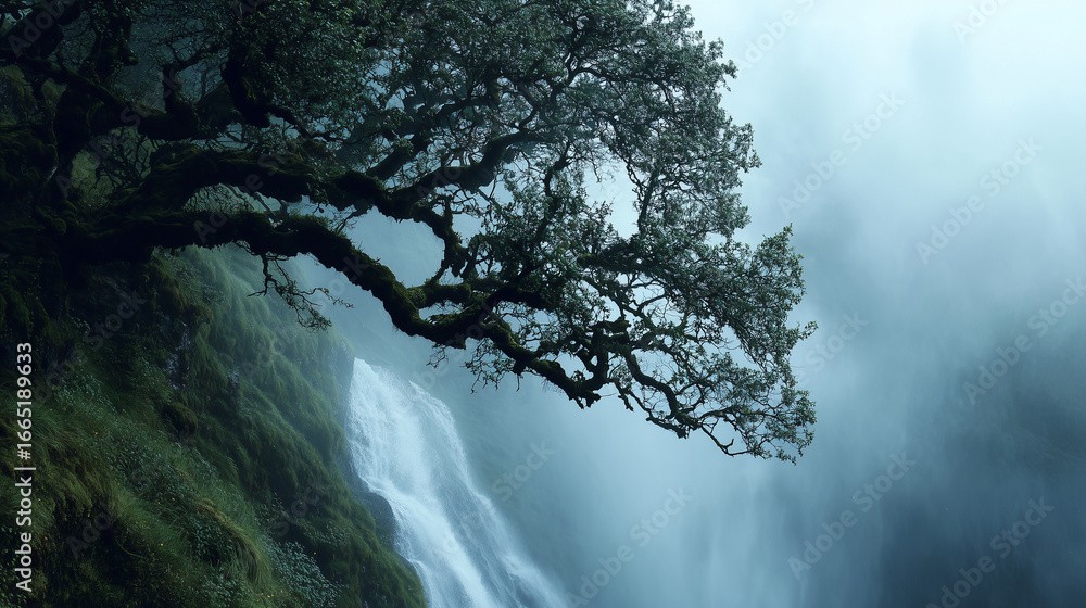 Fototapeta premium A waterfallâs mist forming the outline of a giant tree with branches