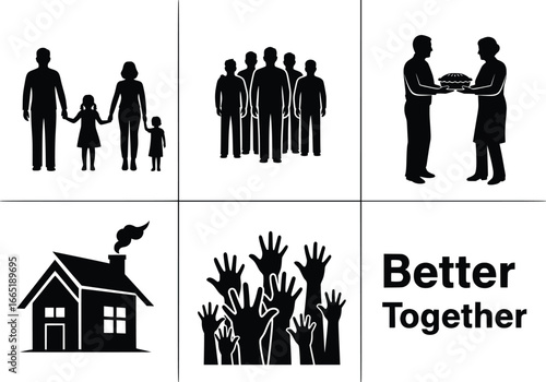 Silhouette design set featuring family community house hands and 'better together' message