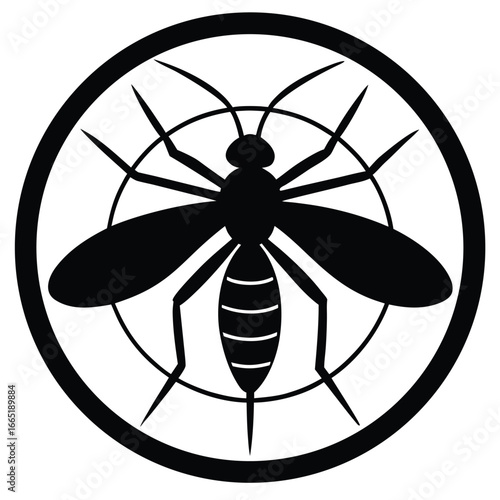Black silhouette of a mosquito inside a circular border