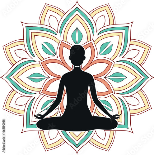 A serene woman's silhouette in a vector illustration depicts a yoga meditation pose, symbolizing health and inner peace