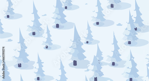 Snow-Covered Pine Tree Pattern on Snowy Hillside. Winter Theme Background Use