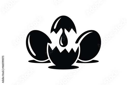 Cracked egg with yolk dropping surrounded by two whole eggs