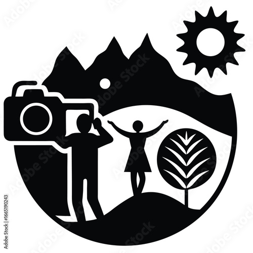 Silhouette of a photographer capturing a joyful person in a mountainous landscape
