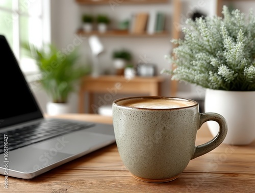 A steaming cup of coffee with latte art sits on a wooden desk next to an open laptop and a potted plant