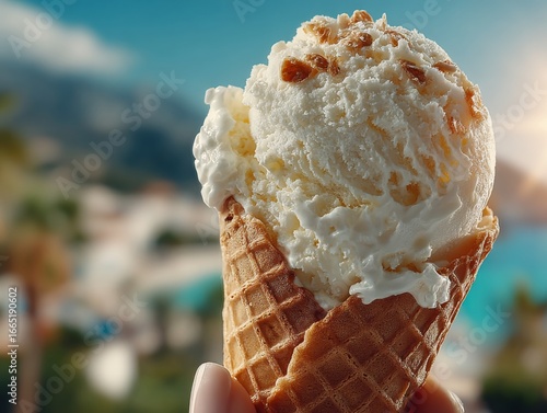 Close up of a delicious vanilla ice cream cone with caramel topping on a sunny summer day with a blurred background of a coastal town