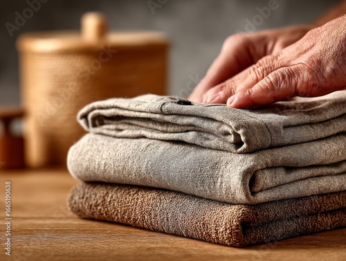 A persons hands neatly folding and stacking clean, fresh linen fabrics on a wooden surface in a home environment