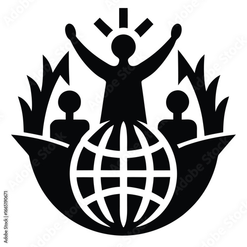 Global leadership and teamwork success with a triumphant leader and supportive team