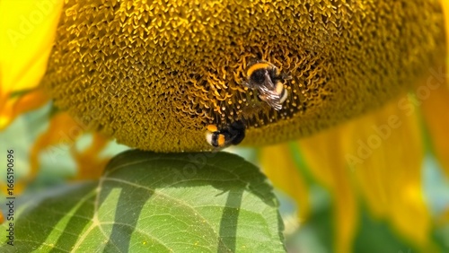 A busy bee, covered in pollen, on a sunflower head. An excellent detail shot, showing the work of insects.