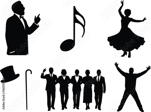Silhouette design set featuring performing arts people music notes top hat and cane for creative projects