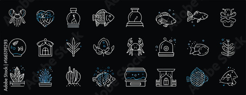 Aquarium and Fish Icons Minimalist Line Art Design for Pet Stores and Aquatic Enthusiasts