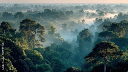 Aerial view of a dense, misty rainforest canopy at dawn, showcasing lush green trees and a serene, untouched natural landscape