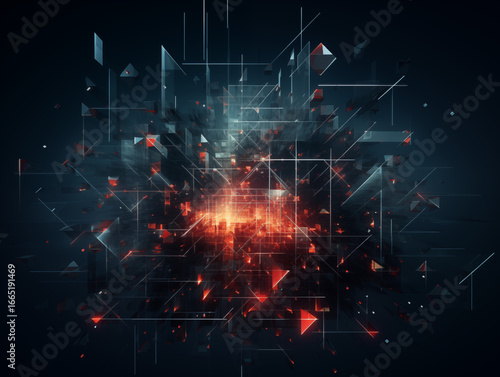 Dynamic abstract digital data explosion with glowing red and blue geometric shapes for modern design
