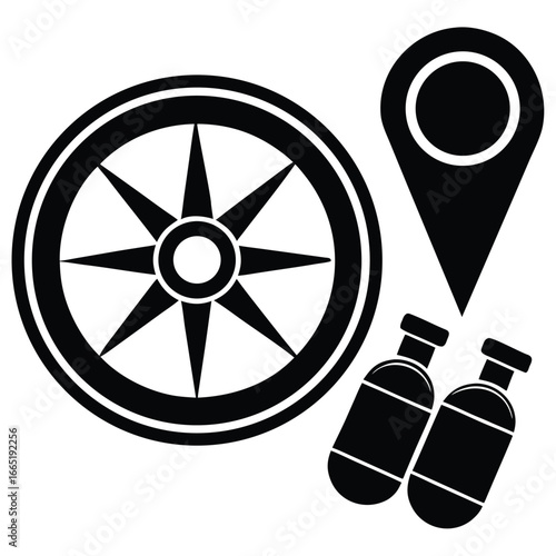 Nautical compass and location pin with fuel canisters for travel and adventure