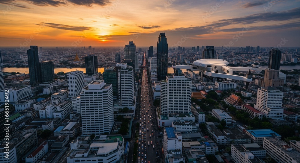 Obraz premium Drone flying over a bustling city at sunset, capturing an aerial view of modern skyscrapers, busy roads, and a river reflecting the golden light.