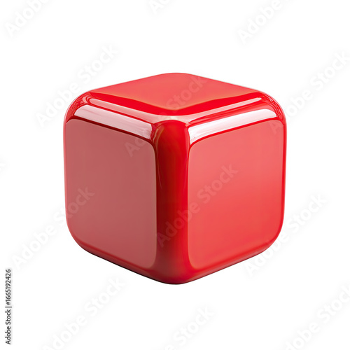 Glossy, vibrant red cube on black backdrop. Well-lit, smooth surface