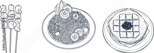 Line art illustration featuring three dishes: skewers, rice dish with cucumber, and waffles with berries.
