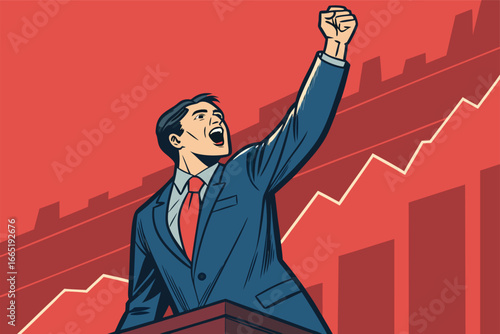 A stockbroker energetically shouts buy orders at the stock exchange.