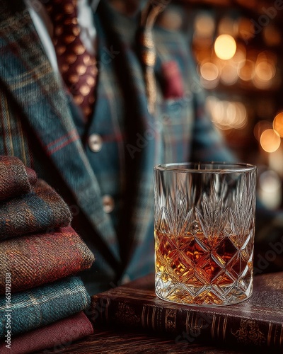 A closeup of a glass of whiskey next to a stack of luxurious fabrics and a man in a suit