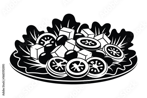 Black and white graphic illustration of a Greek salad