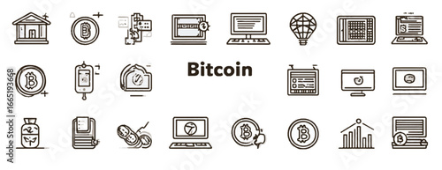 Bitcoin Cryptocurrency and Digital Financial Elements in Outline Style for Finance and Trading Applications Blockchain Technology and Investment Icons