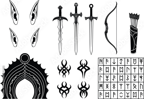 Fantasy weapon and rune set silhouette design elements for epic adventures and magical quests
