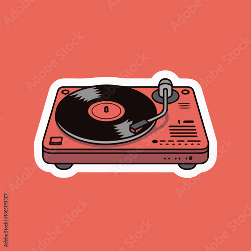 Retro turntable sticker on red background, a classic symbol of music and vinyl culture, perfect for adding a vintage touch to any project