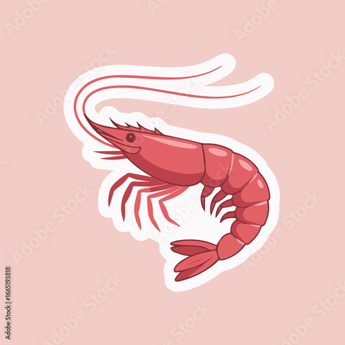 Illustration of a delicious pink shrimp with a white outline on a pink background, perfect for seafood restaurants, cooking blogs, and marine life enthusiasts