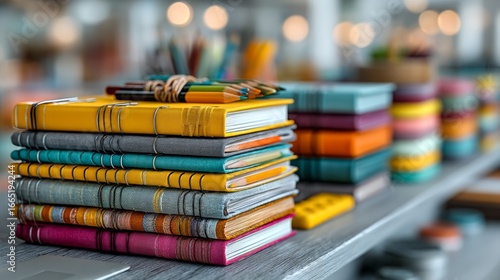 A stack of colorful notebooks and stationery items neatly arranged on a shelf, suggesting organization and creativity