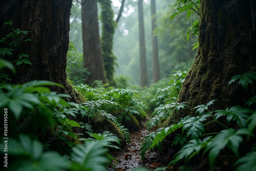 Fototapeta premium Lush green forest pathway surrounded by tall trees and ferns