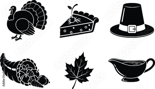 Thanksgiving silhouette collection turkey pie hat cornucopia maple leaf gravy boat icons