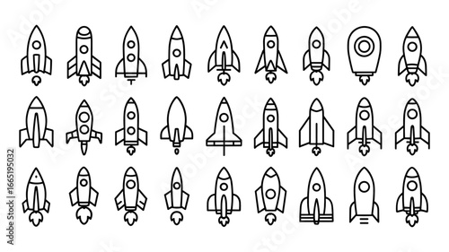 Astronautical Ascent: A collection of stylized rocket ship illustrations takes flight, showcasing the sleek design of spacecraft against the backdrop of the cosmos.