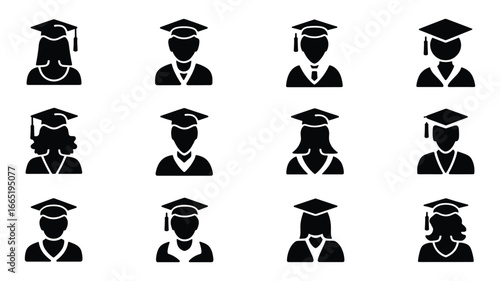 Graduation Icon Set: A visually striking icon set representing the culmination of academic achievement, showcasing the essence of graduation.