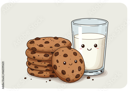 Stack of cookies and glass of milk with cute faces on plain background for kid's menu