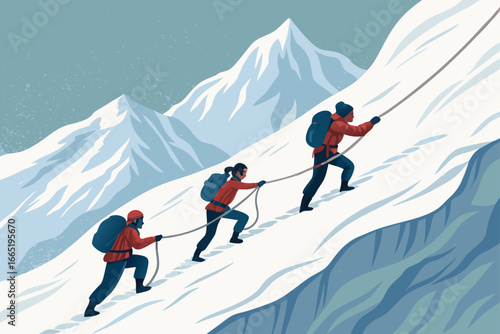 Team of climbers pulling rope up snowy mountain.