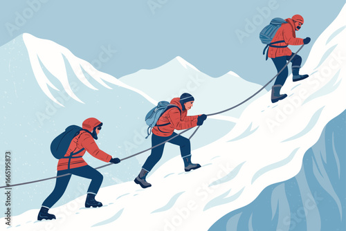 Team of climbers pull rope up snowy slope.